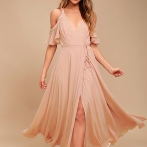 EASY LISTENING BLUSH OFF-THE-SHOULDER WRAP DRESS